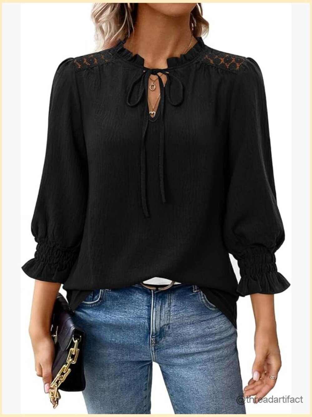 3/4 Sleeve Peasant Blouse Ruffle Collar Tie V Neck Lace Shoulder Dressy Casual